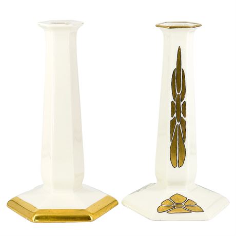 Pair of Vintage Belleek Hexagonal Porcelain & Gold Candlesticks