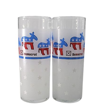 2 Vintage Libbey Democrat Donkey Frosted 6" Highball Glass/Tumblers