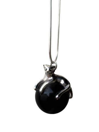 Sterling Silver Pendant Necklace ~ CAT LOUNGING on BLACK MARBLE BALL