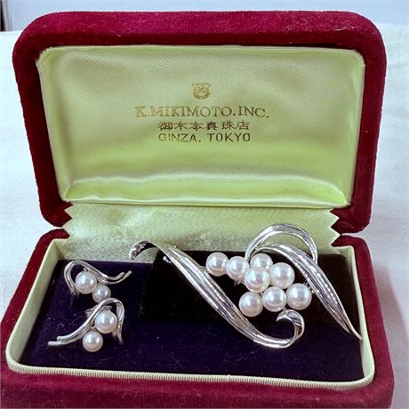 Vintage Mikimoto Sterling + Pearl Brooch and Earring Set