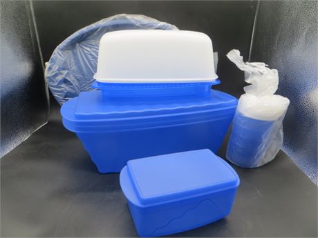 NEW VINTAGE TUPPERWARE IMPRESSIONS SERVING TRAY SAPPHIRE, 1 LARGE MEAT CONTAINER