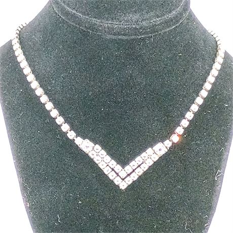 Vintage Clear Rhinestone V-Shaped Necklace – Silver-Tone – Evening/Prom/Formal