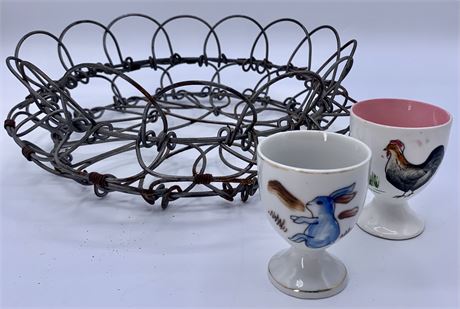 Primitive Farmhouse Collapsible Wire Egg Basket & 2 Porcelain Egg Cups