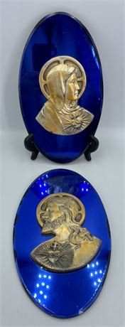 Pair of Vintage Religious Cobalt Glass Mary & Jesus Profile Wall Plaques