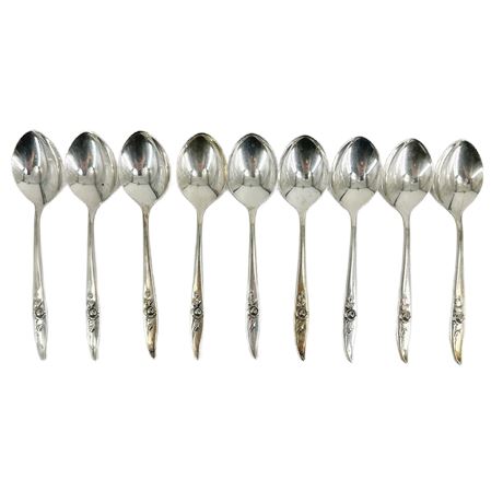 Lot of 9 Oneida Heirloom Sterling Silver “Bella Rose” Soup Spoons