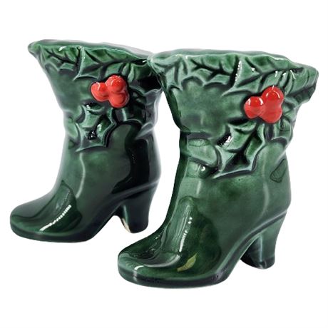 Vintage Lefton Green Holly Ceramic Boots Salt & Pepper Shakers