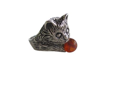 925 Sterling ~ CAT Playing with Ball ~ Ring Sz 8