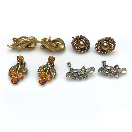 Vintage Earring Lot-Love Knot, Amber Rhinestone, Gold Tone Lily