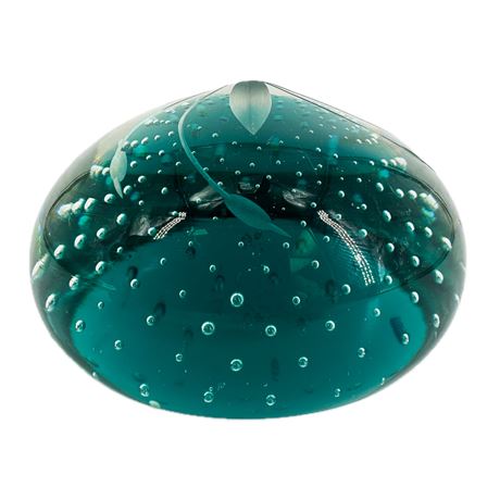 Vintage Sid Garrett Aqua Blue Etched Art Glass Paperweight w Controlled Bubbles