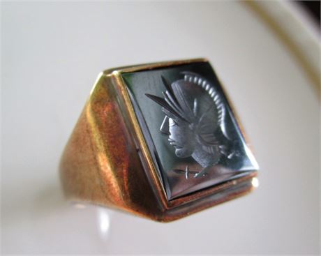 Vintage 14K (585) Gold Hematite Intaglio Roman Soldier Ring Sz 7.5