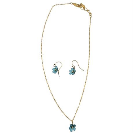 Marked MM Gold Tone Flower Pendant Necklace and Dangle Earring Set