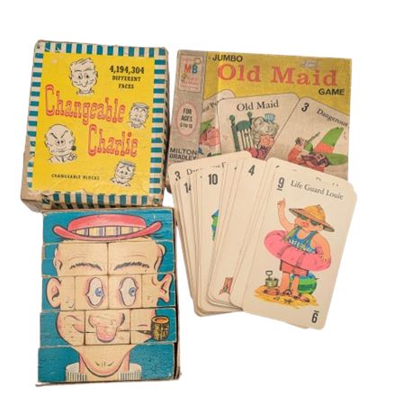Vintage Changeable Charlie Wood Blocks & @ 1968 MB Jumbo Old Maid Game