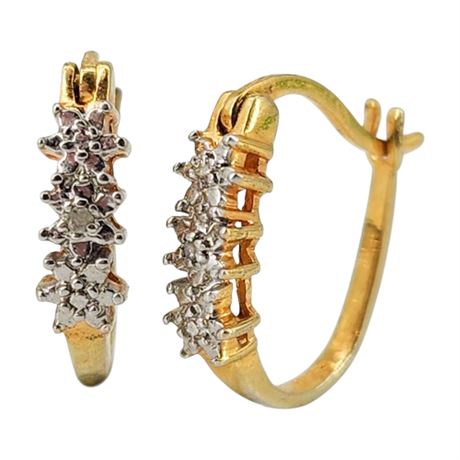 Vintage RSE Gold Over Sterling Silver Diamond Chip Hoop Pierced Earrings