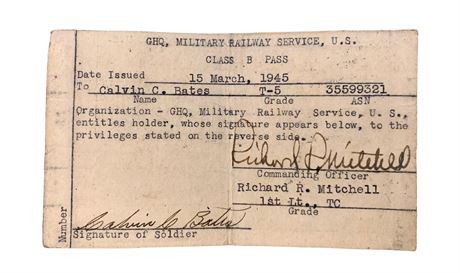 1945 US Military Railway Service WWII Soldier Paris Paper Pass