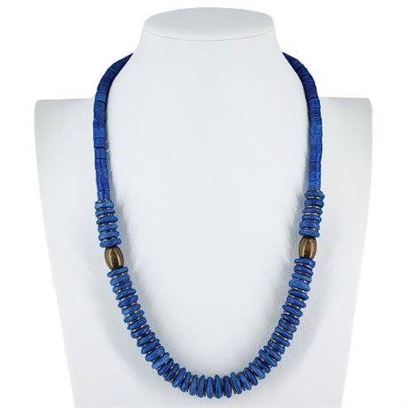 Vintage Blue Ceramic & Brass Tribal Style Necklace