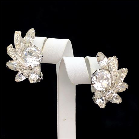 Elegant Vintage Weiss Marquise Spray Rhinestone Statement Earrings
