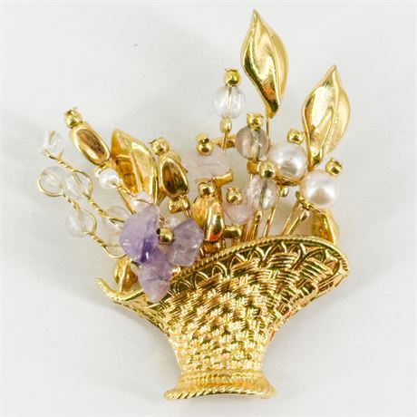 Vintage Goldtone Gemstone Floral Basket Brooch