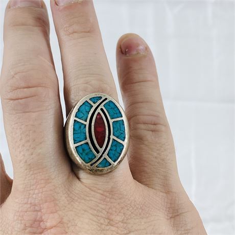 26.7g Sterling Turquoise + Coral Ring Size 10.25