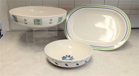 Lot 3 Pfalzgraff Serving Pieces - 2 Bowls + 1 Platter Blue/Green
