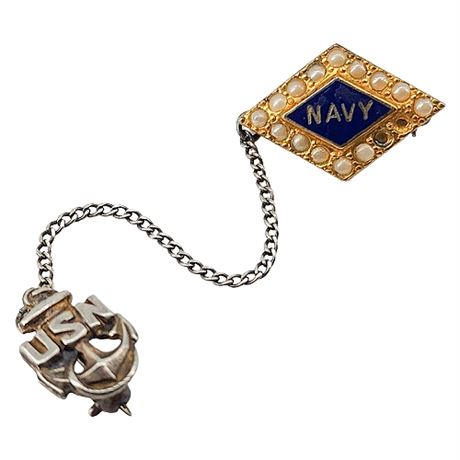 Vintage US NAVY Sterling Silver & Seed Pearl WWII Sweetheart Pin, Flawed