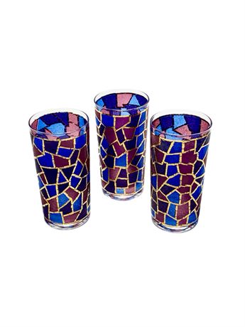 MCM West Virginia Glass Co. Mosiac Collins Glasses - 22K Gold Details - Set of 3
