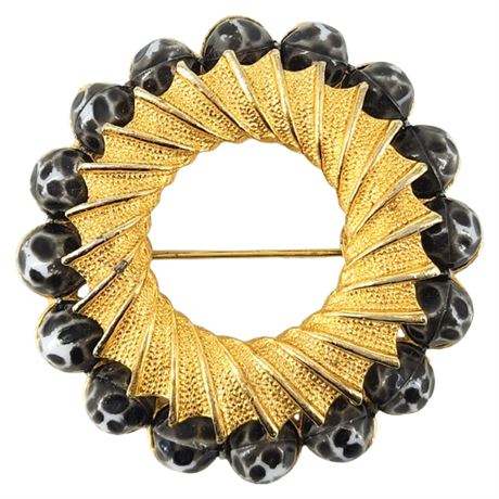 Vintage Gold Tone Black & White Bead Circle Brooch