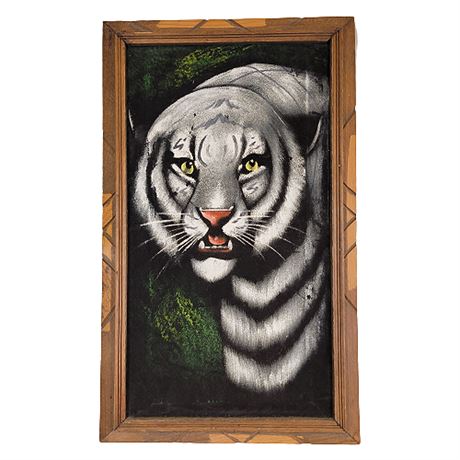 Vintage White Tiger Velvet Painted in Hand Carved Frame