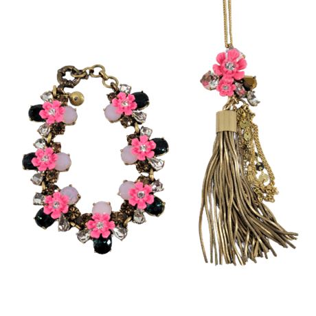 J Crew Gold-Tone Pink Flower Bracelet & Necklace