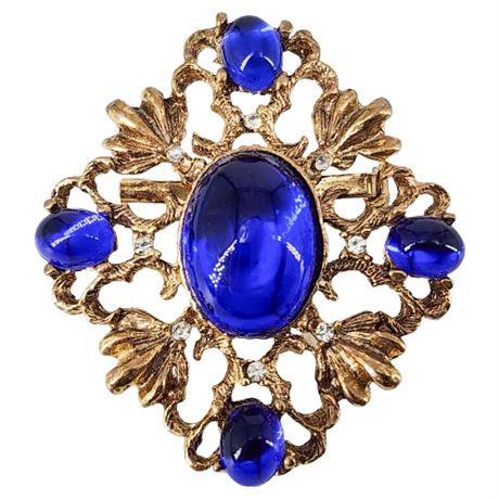Vintage Gold Tone Blue Cabochon Brooch