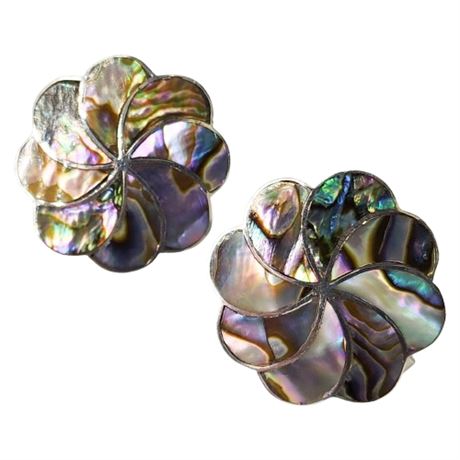 Signed Vintage Sterling Silver Abalone Swirl Screwback Earrings