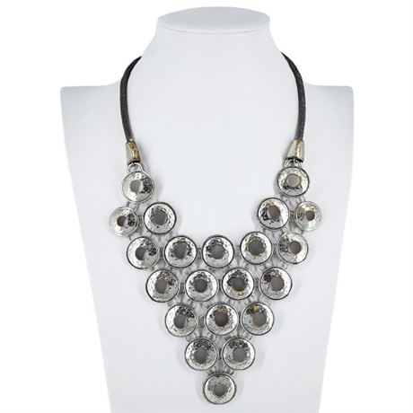 Modern Silver Tone Hammered Metal Statement Bib Necklace