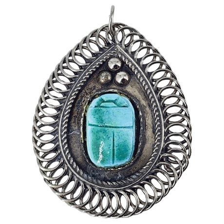 Vintage Egyptian Revival Silver Tone Ceramic Scarab Pendant