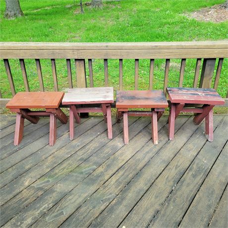 Red Wooden Stools, Lot of 4