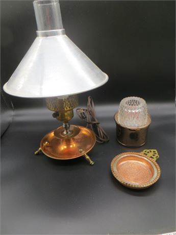 Brass Lamp, Propane Light & Copper Craft Guild Ashtray w/Original Glass Insert