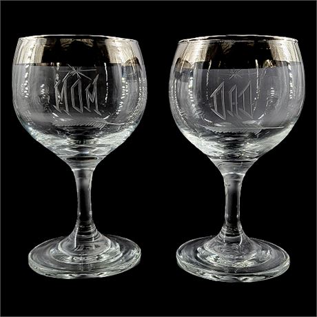 Mid-Century Silver Band Mini Wine Cordial Glasses Etched MOM & DAD