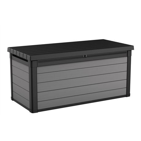 Keter Premier Outdoor 150 Gallon Wood and Resin Deck Box, Black and Gray