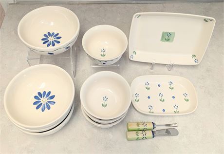 Lot Pfaltzgraff Serving Dishes + Bowls w/Flower design Blue/Green