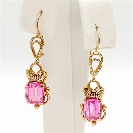 Vintage Gold Tone & Pink Crystal Dangle Earrings