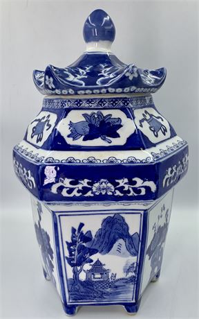 14” Cobalt & White Porcelain Lidded Ginger Jar