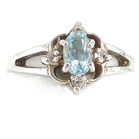 925 Sterling Silver Blue Topaz & Clear Stone Accent Oval Ring Vintage