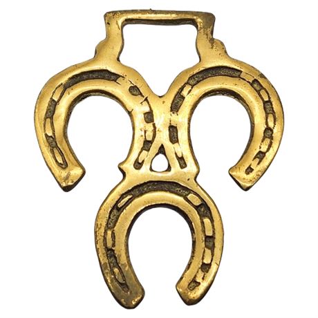Vintage Brass Triple Horseshoe Horse Tack Medallion