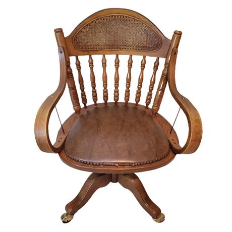 Antique Wood Desk Chair w/ Leather Seat