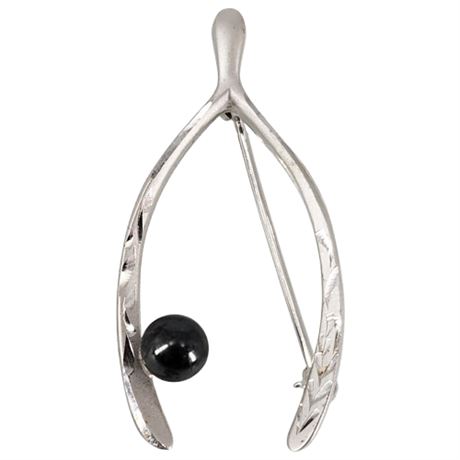 Signed Vintage Etched Sterling Silver Wishbone Brooch