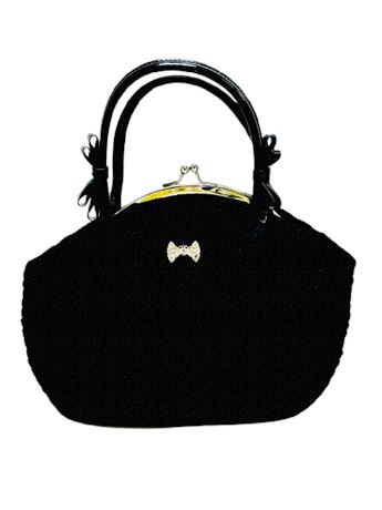 Vtg Marlo Black Tapestry Evening Bag w/Rhinestone Bow Accent