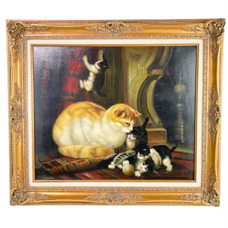 Harlow Original Oil Painting of Mother Cat with Kittens