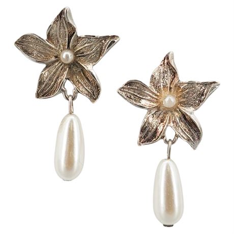 Modern Sterling Silver Flower Faux Pearl Drop Post Back Earrings