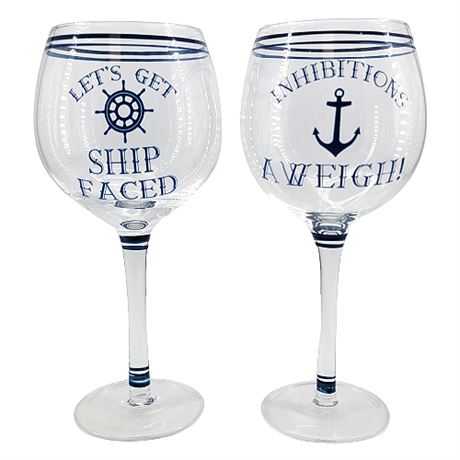 Pair Novelty Nautical Themed Balloon Wine Glasses