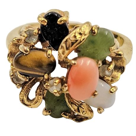 Gold Tone Ring with Opal, Jade, Coral, Black Onyx and Cubic Zirconia Size 6