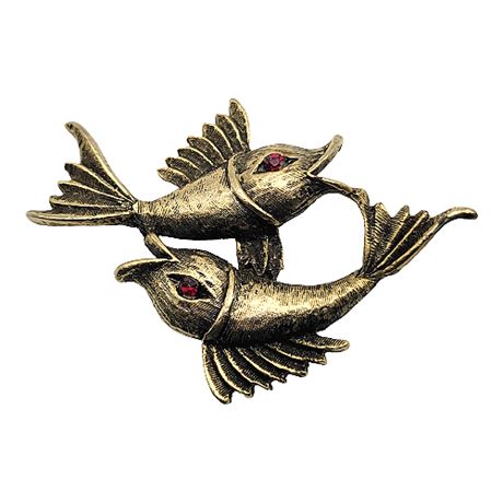 Vintage Gold Tone Pisces Fish Brooch w/ Rhinestone Eyes
