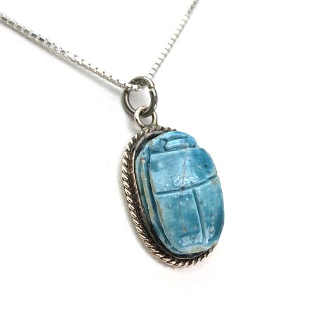 Vintage Sterling Silver Turquoise Faience Clay Scarab Bead Pendant Necklace